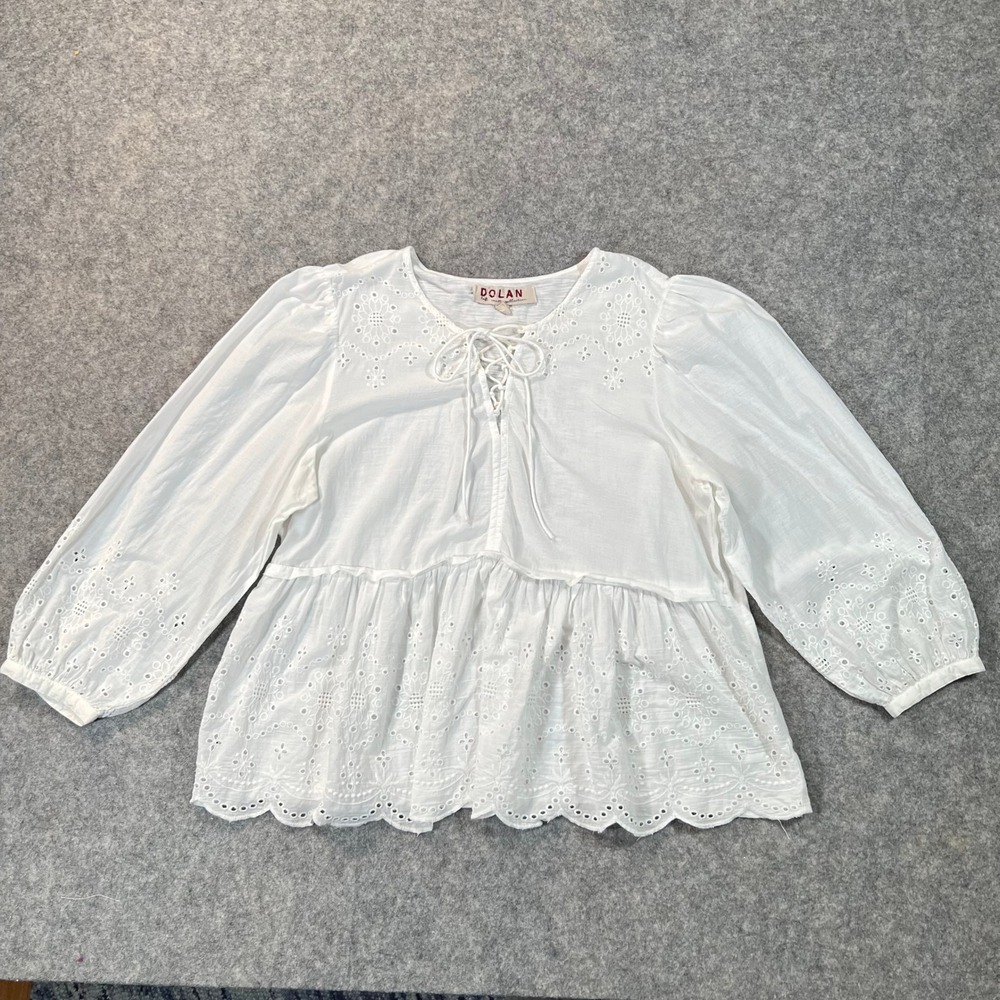 Dolan Anthropologie Blouse Womens L White Eyelet Lace Up Peplum Boho